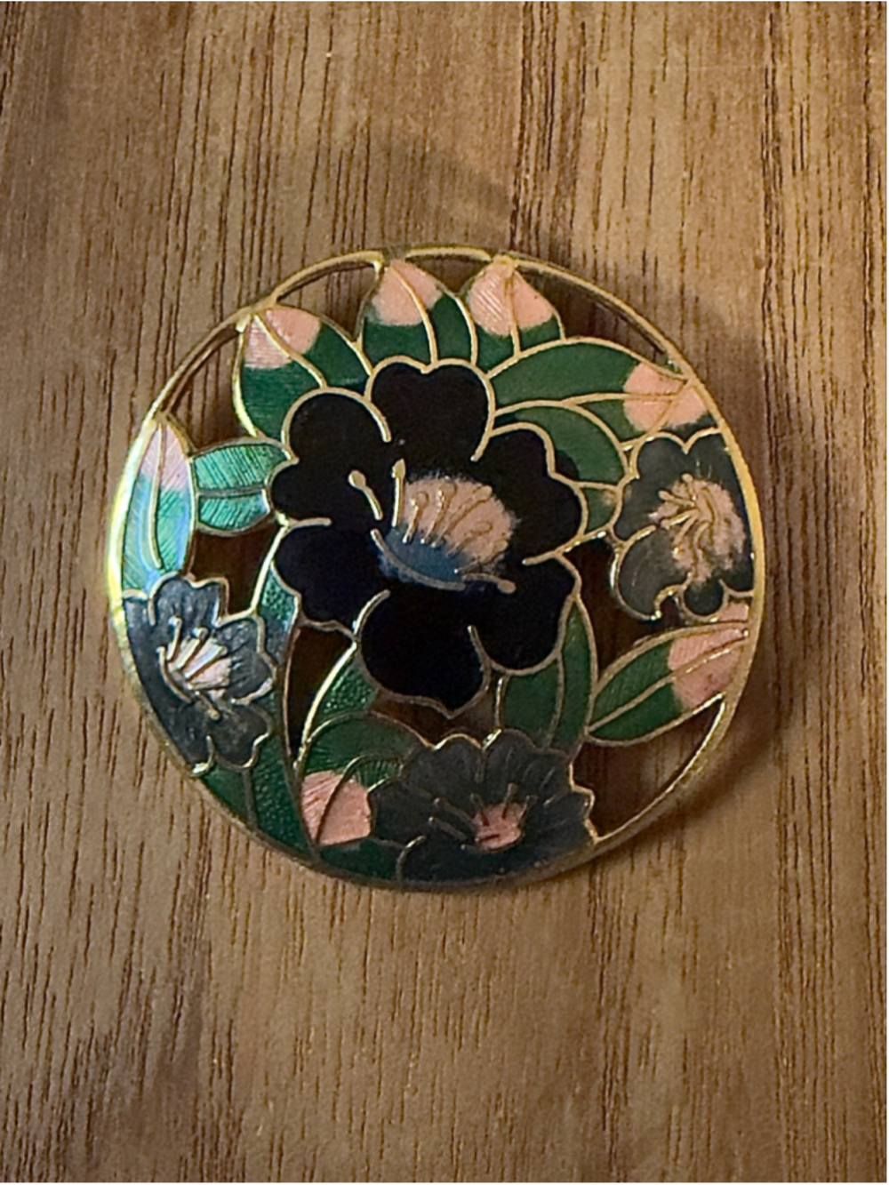 Vintage Cloisonné Round Floral Brooch Black